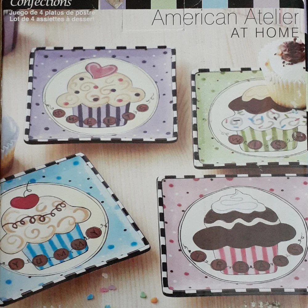 American Atelier At Home Confections 4 PC SQUARE Dessert Plate Set RARE New!